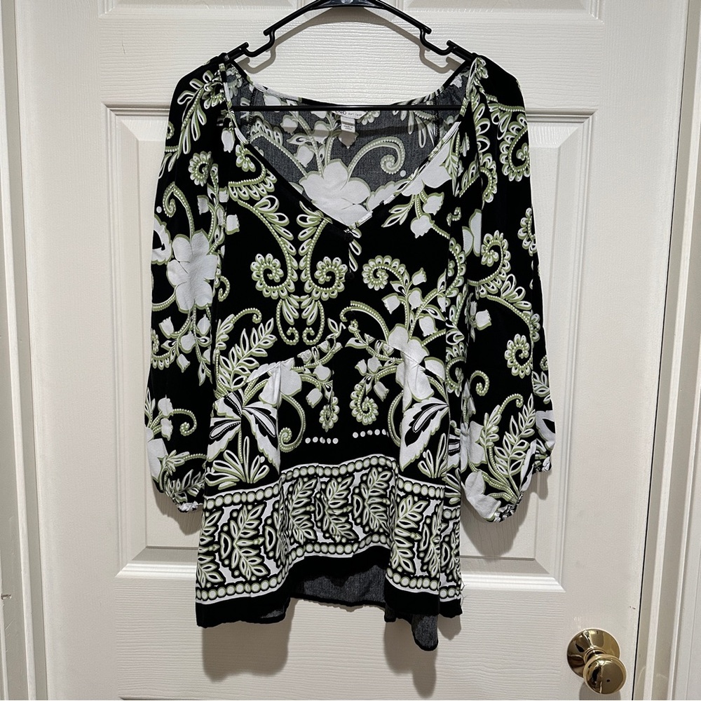 Cato Green, White Print Blouse